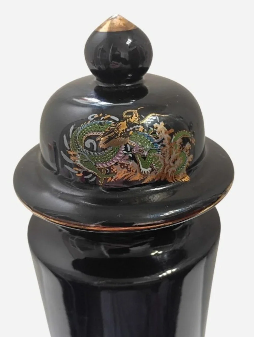 VTG Black Ceramic Japanese Lidded Gilt Vase W/Dragon Dragonfly & Iris Pattern - Picture 2 of 8
